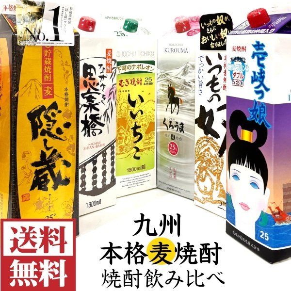 画像1: [送料無料]九州本格麦焼酎1800mlパック飲み比べ６本セット (1)